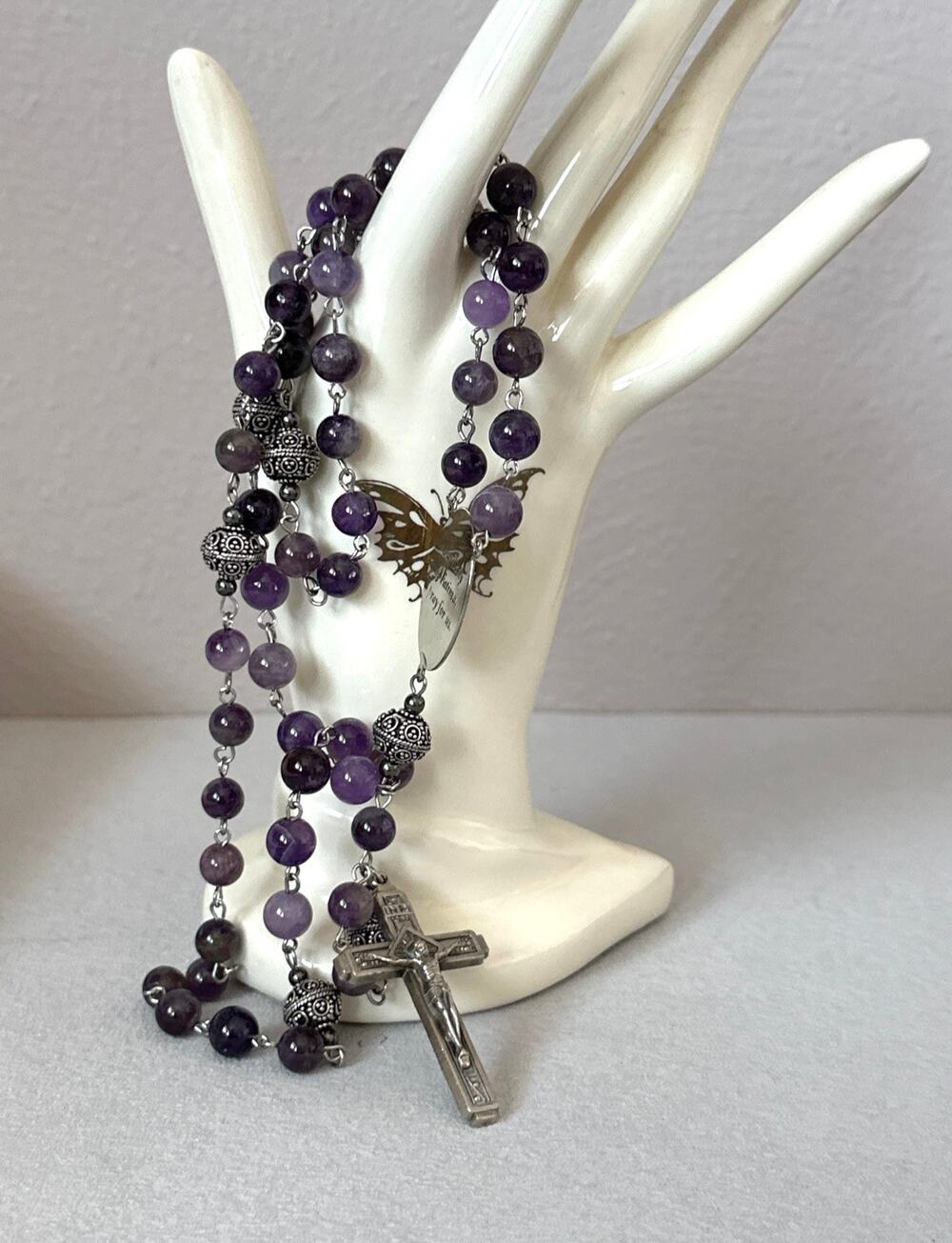 Fatima Grace Rosary –Amethyst Prayer Beads with Vintage Centerpiece and Crucifix